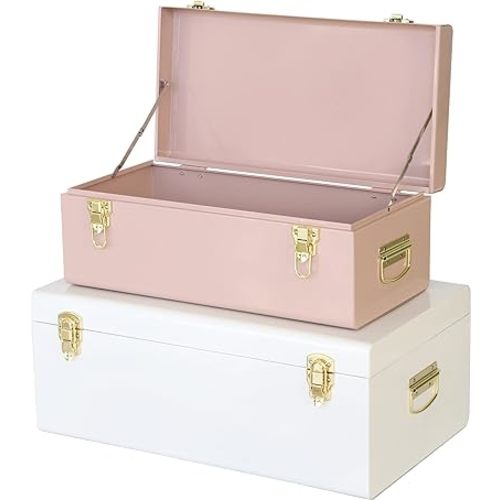 Vixdonos Metal Trunks College Dorm Steel Chests Decorative Storage Box Set of 2 Bedroom Organizer for Home Decor,23.7X14.2X9.5 Inches(Pink and White)