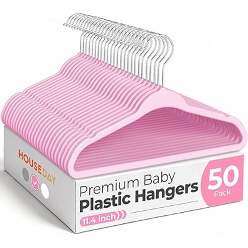 HOUSE DAY 11.4 Inch Baby Hangers 50 Pack - Plastic Kids Hangers Space Saving Thin Profile, Children Closet Organizers with Rotatable Hook of 360°, Heavy Duty for Toddler Clothes Nursery - Pink
