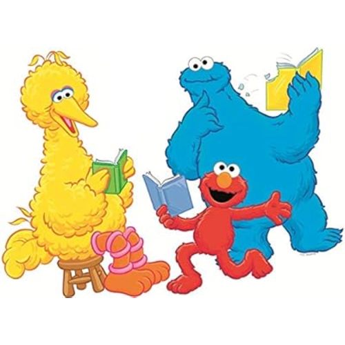 9 Inch Elmo Cookie Monster Big Bird Decal Book Reading Read Books Removable Wall Sticker Peel Self Stick Adhesive Art Home Kids Room Decor Vinyl Decoration Nursery Library 9 by 6 inch