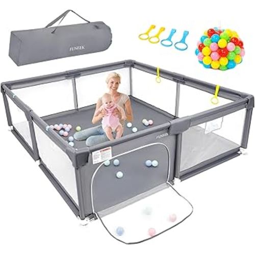 Large Baby Playpen for Babies and Toddlers 75x51 Play Pen for Babies 6-12 Months Play Yard for Toddlers 1-3 for Baby Pack and Play Fence Gate Portable Playpen with Colorful Balls Pull Up Ringss Grey