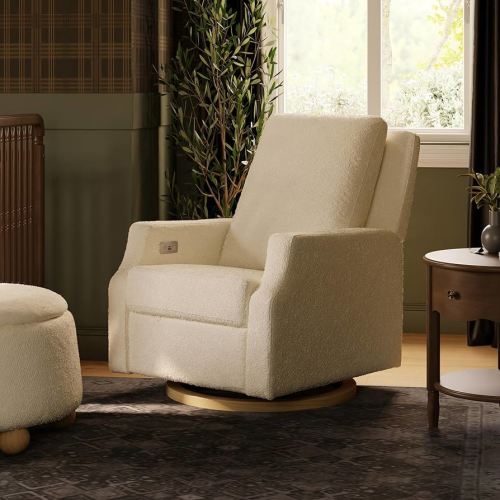 NAMESAKE Crewe Electronic Recliner and Swivel Glider in Ivory Boucle with Light Wood Base, Greenguard Gold & CertiPUR-US Certified