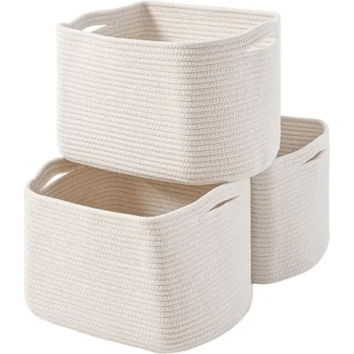 Storage Baskets for Organizing Shelves, Woven Cotton Rope Bins for Baby Nursery Organization, Book Toy Towel Organizer, 15"x11"x9.5", 3 Packs, Off White
