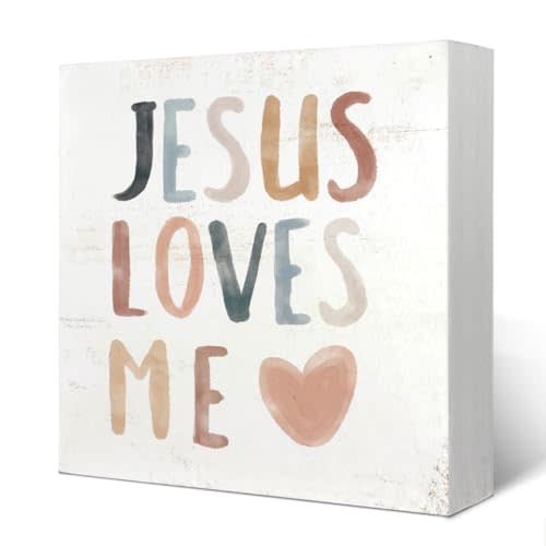 Yetmadi Boho Neutral Baby Girl Boy Nursery Decor - Jesus Loves Me Christian Wood Box Sign Desk Decor, Toddler Boy Girl Room Decor, Christian Desk Decor, Bible Verse Decor, 5x5
