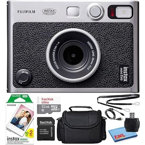 Fujifilm Instax Mini EVO Hybrid Instant Film Camera (Black) (16745183) Bundle with 20 Instant Film Sheets + 32GB Memory Card + Small Padded Case + SD Card Reader + Microfiber Cleaning Cloth