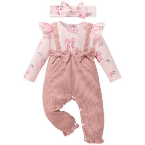AMAWMW Newborn Baby Girl Clothes Rufffle Sleeve Romper With Headband Set
