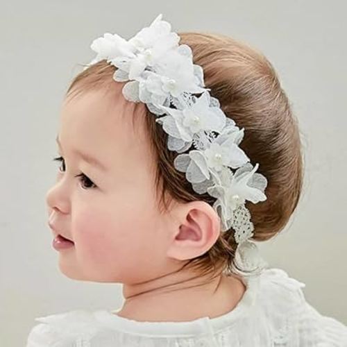 Floral Lace Hair Bow for Baby Girls Soft Stretch Headband for Newborns to Toddlers Baby Shower Birthday Hair Band 0-36 Months (White flower, Free)