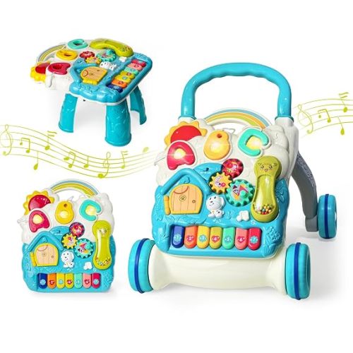 Sit to Stand Baby Walker Toy, Activity Center with Music and Light, Blue