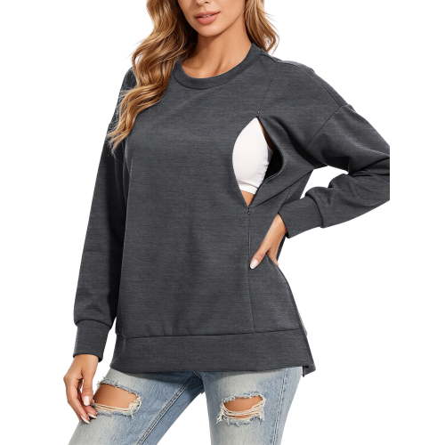 Long Sleeve Maternity Nursing Tops Clothes for Women Side Split Nursing Breastfeeding Sweatshirt