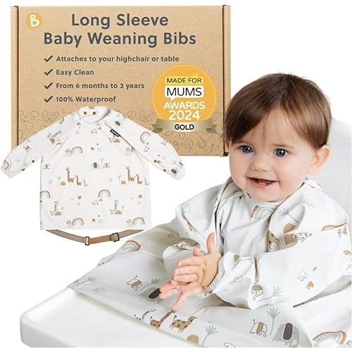 BIBaDO - Long Sleeve Baby Bibs - Babies & Toddlers 6-36 Months - Coverall Baby Led Weaning Bib - Easy Wipe, Soft & Waterproof