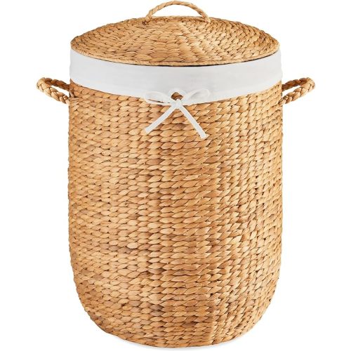 Best Choice Products Round Laundry Hamper w/Lid, Handwoven Laundry Basket, Built-in Handles & Removable Liner for Clothes, Towels, Blanket & Storage Organization - Chestnut