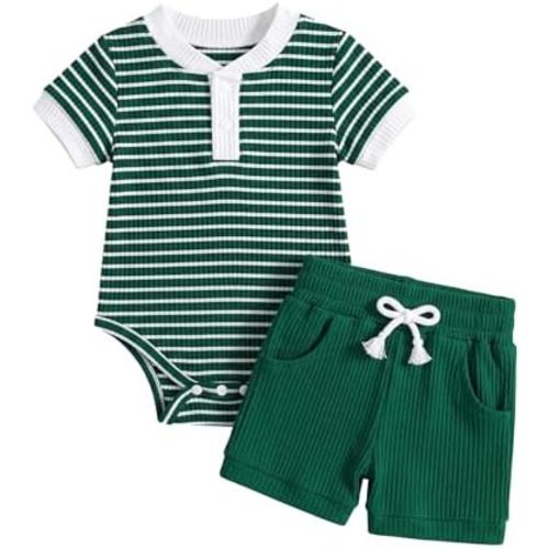 Baby Boy Clothes Ribbed Short Sleeve Striped Romper Top Solid Shorts with Pocket Baby Boy Summer Outfits 0-18M