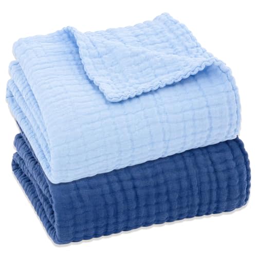 Aablexema Muslin Baby Blanket Set of 2, Light Blue & Navy | 6-Layer, 43 x 43 Inches, Newborn Toddler, Bath Towel Swaddle Wrap, For Boys Girls