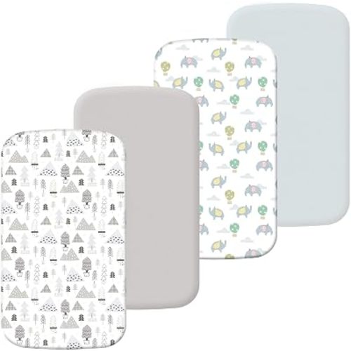 4 Pack Stretchy Bassinet Sheets 20" x 33" Fit for Baby Delight, BCOL, Jimglo, Angelbliss, Maxi-COSI & Most Regular Size Bedside Sleeper- Soft Breathable Fitted Bassinet Sheets - Blue & Grey Forest