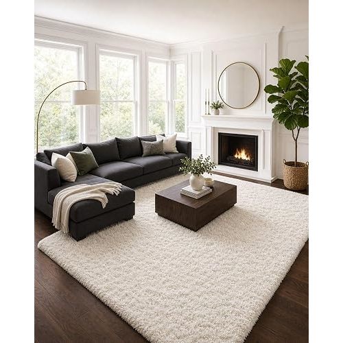 Ophanie 8x10 Area Rugs for Living Room, Washable Non-Slip Fluffy Soft Large Shag Bedroom Carpet, Ivory Big Indoor Nursery Rug, Carpets for Boy and Girls Room Dorm Decor with Over 99 pcs Pile fibers