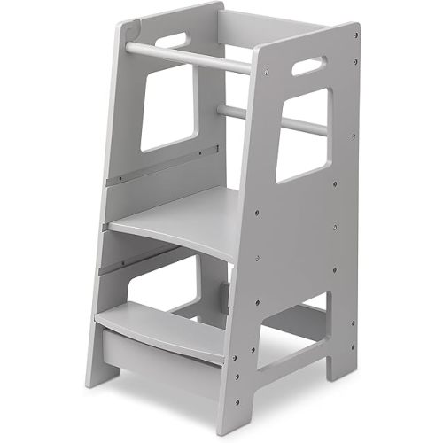 Stool Buddy Child Step Stool Tower for Kids | Toddler Wood Stepping Stool with Safety Rail | 3 Adjustable Heights | for Kids use in Kitchen or Bathroom [Grey]