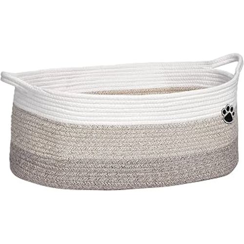 Dog Toy Basket, Toy Box and Bin for Dog Cat Storage, 19.7" X 11" X 7.9" (30L) Large Woven Rope Basket for Blanket Storage, Living Room, Bedroom, White & Brown