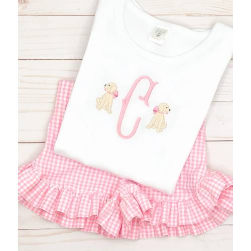 girl puppy dog monogram shirt, pink bow dog outfit, baby girl puppy bodysuit, monogram shirt, girls pink puppy dog shirt, yellow lab shirt