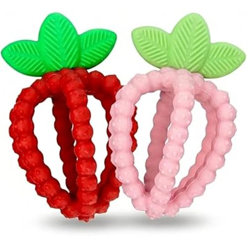 RaZbaby Silicone Infant & Baby Teething Toy, Textured BerryBumps Soothe Babies Sore Gums, RaZberry Bites Relief Teether, Back & Front Teeth, BPA Free, Fruit Shape for Babies 3M+ (Red & Pink)