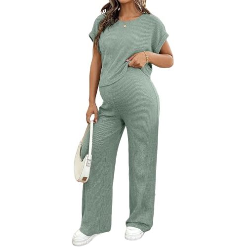 BLENCOT Maternity Sets Summer Ribbed Knit Pajamas Outfits | Casual Pregnancy 2 Piece Soft Stretch Fabric Matching Clothes for Moms Postpartum Recovery and Going Out Work