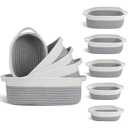 VOOWO Set of 5 Woven Baskets - Rope Storage Solutions, Nursery & Organizing, Off White & Gray