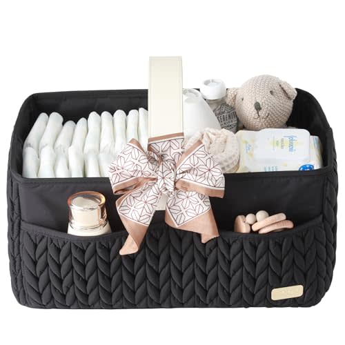 LUKJOJO Luxurious Baby Diaper Caddy, Nursery Storage Basket for Newborn Essentials, Travel Baby Basket for Diapers Baby Wipes, Organizer Tote Bag Storage Bin, Baby Shower Gifts(black)