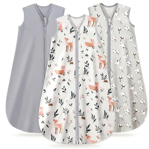 TURMEWU 3 Pack Baby Sleep Sack 0-6 Months 100% Organic Cotton, 0.5 TOG Lightweight Wearable Blanket, 2-Way Zipper Sleeping Bag, Cotton&Fawn&Grey