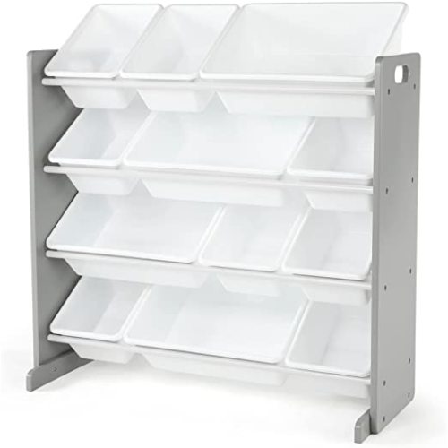 Humble Crew Toy Storage Organizer with 12 Removable Storage Bins for Kids Playroom, 4-Tier Toddler Toy Organization, Grey/White