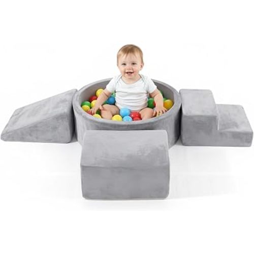 Tiita Climbing Toys for Kids 1-3 Indoor with Ball Pit, 4-Piece Kids Foam Climbing Blocks, Activity Soft Play Climbing for Kids, Grey, Balls not Included