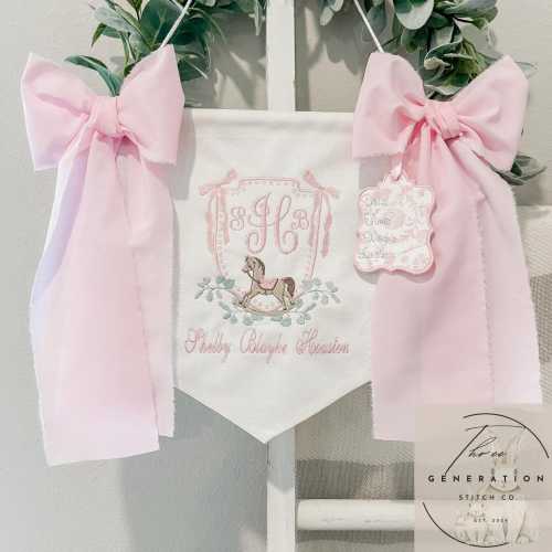 Custom Embroidered Baby Banner, Birth Announcement, Hospital Door Sign with bows, Baby Gift, Bassinet banner with crest, Rocking Horse