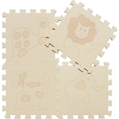 qqpp EVA 18 Tiles Baby Play Mat for Playing, Interlocking Foam Floor Mats for Tummy Time & Crawling, Puzzle Flooring Tiles with Animals Laser Pattern for Kids. Beige. QL-11(J) b18N