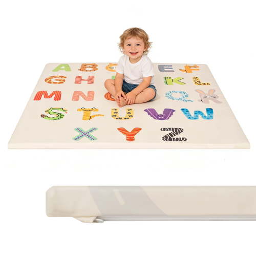 PU Leather Baby Play Mat, 50x50 Thick Foam Cushioned & Waterproof Playpen Mat for Infants and Toddlers (Single-Sided PU, Alphabet)