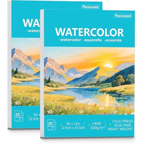 Pacocoast 9"X12" Watercolor Paper - Pack of 2 (40 Sheets), Glue-Bound Cold Press Art Paper, Artist-Grade Sketchbook, Water Color Journal Notebook, Ideal for Adults, Beginners, Teal