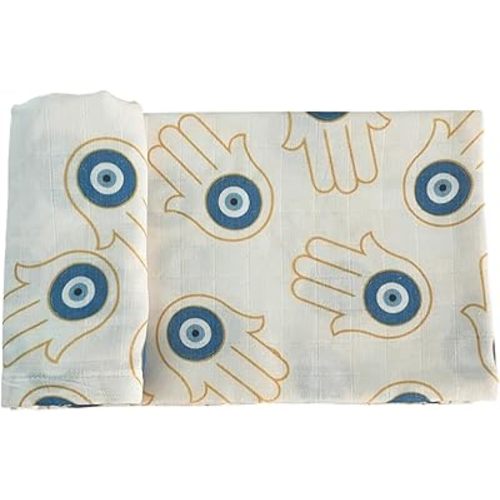 Hamsa Evil Eye Muslin Swaddle Blanket I Newborn Receiving Blanket Organic Cotton Baby Wrap I Babyshower Gifts