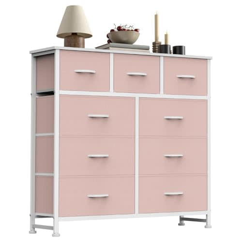 Dresser, Betcozy Storage Organizer with 9 Drawers for Bedroom, Chest of Drawers with Fabric Bins, Sturdy Metal Frame, Wood Tabletop for Guest Room, Closet, Entryway, Nursery, Pink