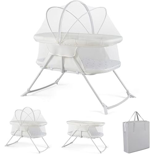 BABY JOY 2 in 1 Bassinet, Foldable Bedside Crib with Breathable Mesh, Comfortable Mattress, Zippered Net Canopy & Portable Bag, Bassinet Bedside Sleeper for Baby, Infant & Newborn (Beige)
