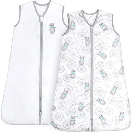 TILLYOU 2 Pack Baby Sleep Sack 12-18 Months 100% Cotton Wearable Blanket 0.5 TOG Sleeveless Summer Sleep Sacks with 2-Way Zipper, Gray Bear & White