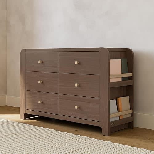 Graco Read-with-Me 6 Drawer Dresser with Bookshelves (Hazelnut with Driftwood) – GREENGUARD Gold Certified Storage for Baby and Kids Room, Interlocking Drawer System