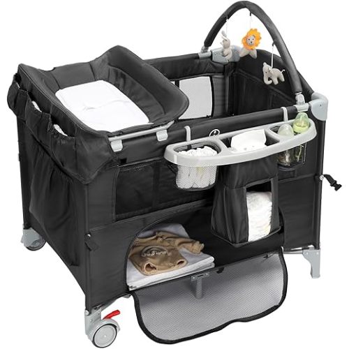 Ktaxon 5 in 1 Bedside Bassinet, Pack and Play, Bedside Crib with Diaper Changer, Spacious Storage Basket, Protective Mosquito Net, Engaging Toy Bar and Travel Bag for Newborn to Toddler(Black)