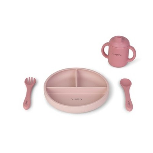 SARO "Food & Fun" 3-Piece Silicone Baby Feeding Set - Nude Pink + Blossom: Suction Plate, Spill-Proof Cup & Utensils for Toddler Self-Feeding