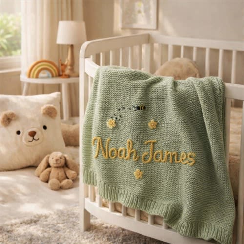 Custom Name Baby Blanket | Hand Embroidered Organic Cotton Knit | Neutral Nursery Decor | Unique Baby Shower Gift