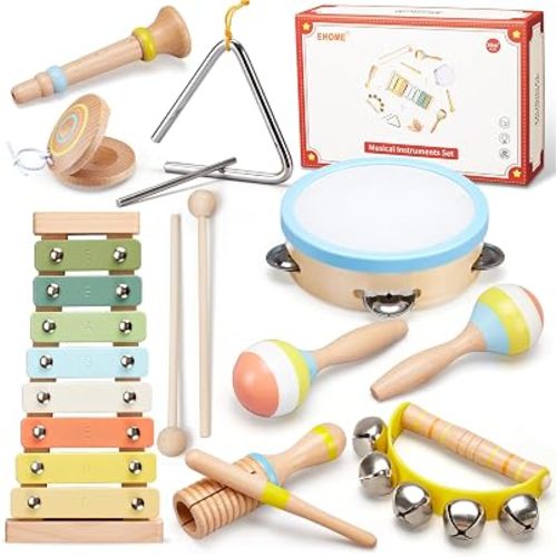 Ehome Musical Instruments Set Montessori Wooden Music Toys for Boys Girls Age 3 4 5 6 Neutral Color Percussion Music Kit with Drum, Xylophone, Storage Bag, Birthday Learning Gift
