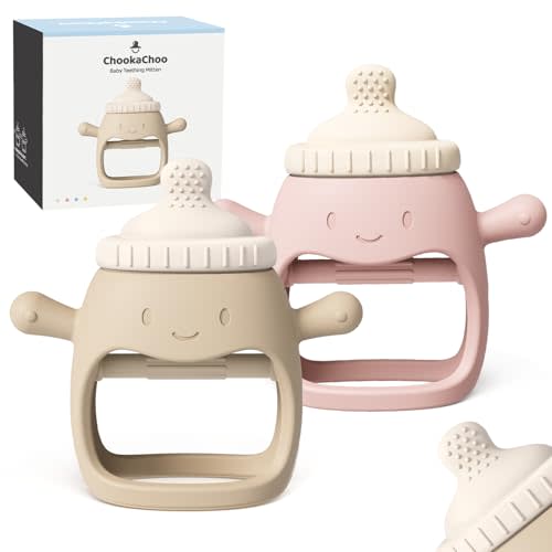 2Pack Baby Teething Toy for Over 3 Month, Food Grade Silicone Teething Mitten, Anti Dropping Wrist Hand Teethers Baby Chew Toys for Sucking Needs, BPA Free (Patent Pending) (Pink & Beige)