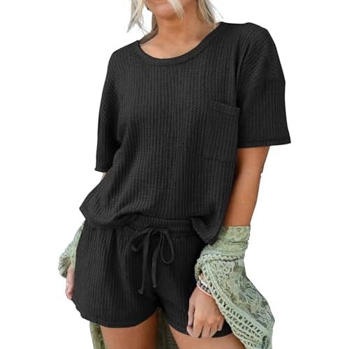Andeip Pajamas Womens Waffle Knit Lounge Set Short Sleeve Top and Shorts - XL