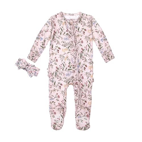 Ruffle Butts Baby Girl 6-9M, Coming Home Outfit Girls, Baby Girl's Clothes, Ruffled Baby's Sleepers with Headband, Baby's Hospital Outfit Girl (Botanical Pink 6-9M Pajama)