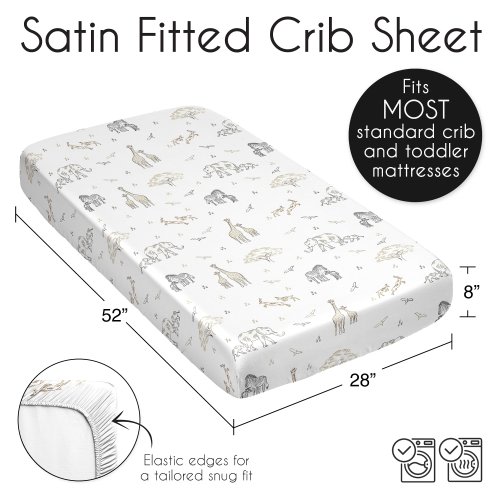 Sweet Jojo Designs Jungle Safari Animals Boy Girl Gender Neutral Satin Fitted Crib Sheet Taupe Elephants Giraffe&nbsp;Wildlife Zebra