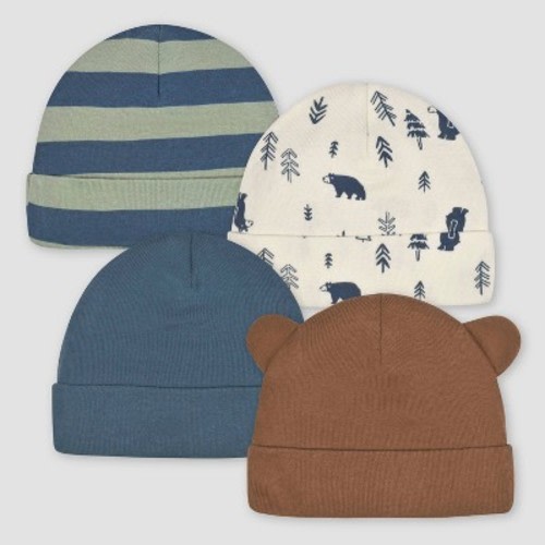 Gerber Baby Boys' 4pk Bear Caps - White/navy Blue/brown