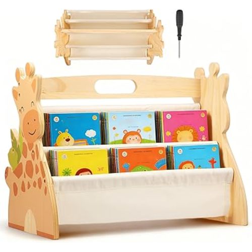 Bookshelf, 4 Tier Dual Sided Open Bookcase, Wood Storage Book Shelf, Book Display Shelve, Flexible and Movable for Room Nursery Bedroom Playroom 43x28.3x34cm