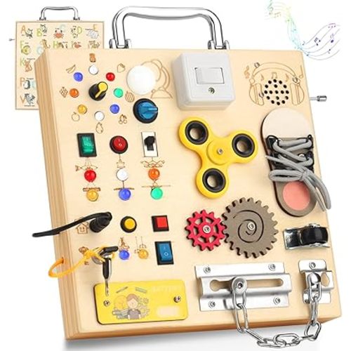 Wooden Busy Board with LED Light Montessori Baby Learning Toys for Toddlers , Sensory Activity Board, Travel Educational Toys, Boy & Girl Birthday Gift (Silver Handle)