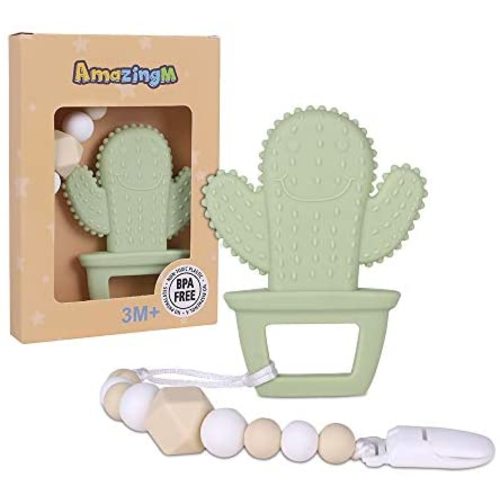 AmazingM Cactus Teething Pain Relief Toy with Pacifier Clip,Food Grade BPA Free Silicone Teether,Teething Egg for Boy and Girl (Yellow)
