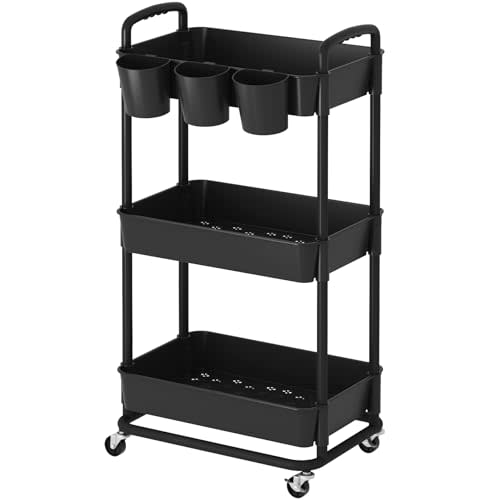 3-Tier Baby Diaper Caddy Organizer Cart with Locking Wheels & Hanging Cups - Rolling Storage Cart for Nursery, Changing Table, Baby Essentials,Black